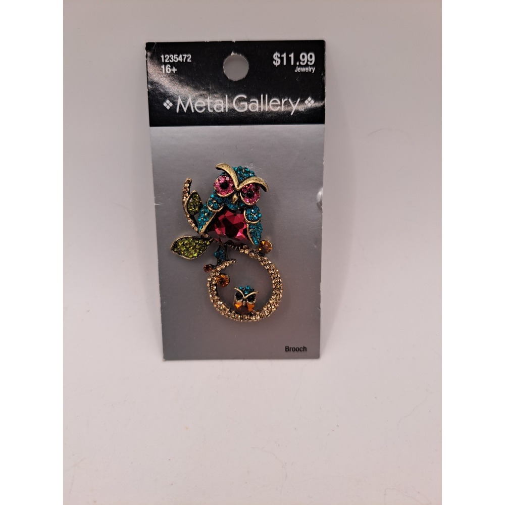 2019 Metal Gallery NOC Jeweled Owl on Branch with Baby Brooch/Pin 2 1/2" Tall
